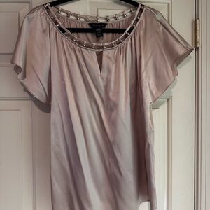 White House Black Market gold  Blouse with Studded Neckline flutter sleeve EUC